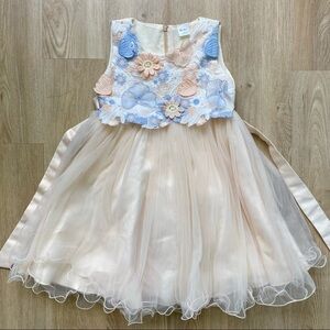 Cielarko Peach & Blue Butterfly Flower Tulle Dress, Satin Top, Size 130 (6/7 Y)